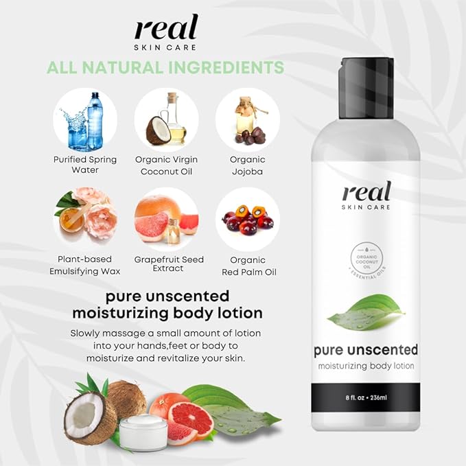 Real Skin Care Organic Body Lotion | Tighten and Moisturize Dry Skin | Reduce Fine Lines and Wrinkles | Natural Body Lotion Without Chemicals | Coconut Lotion Body | Paraben Free Clean Lotion | 8oz