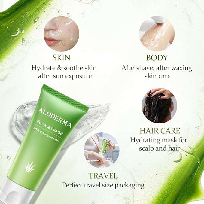 Aloderma Aloe Vera Gel Made within 12 Hours of Harvest with 99% Pure Organic Aloe Vera, Easy Travel Size Tube for Body, Face, & Scalp, Cooling & Soothing Support for Skin & Sunburn - 1.5oz