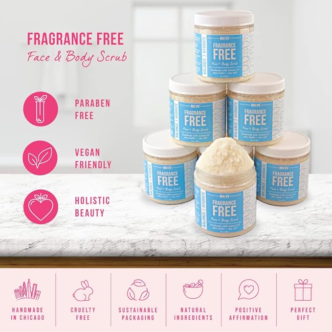 Mojo Spa Fragrance Free Face and Body Scrub | No Scent, Vegan Friendly | Moisturizing Sugar Based Exfoliator for Sensitive Skin | 10 oz
