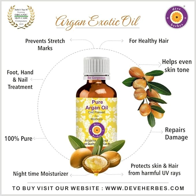 Deve Herbes Argan (Moroccan) Oil (Argania spinosa) | Cold Pressed | Pure | Natural | For Diluting Essential oils | For Hair, Skin & Massage | Non-Sticky | Lightweight | Unisex | 100ml X 2 (6.76 oz)