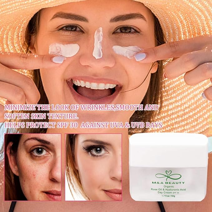 M&A BEAUTY Organic Rose Oil Day Cream 3 in 1 facial moisturizer With SPF 30 and hyaluronic acid 1.7 OZ supper moisturizing