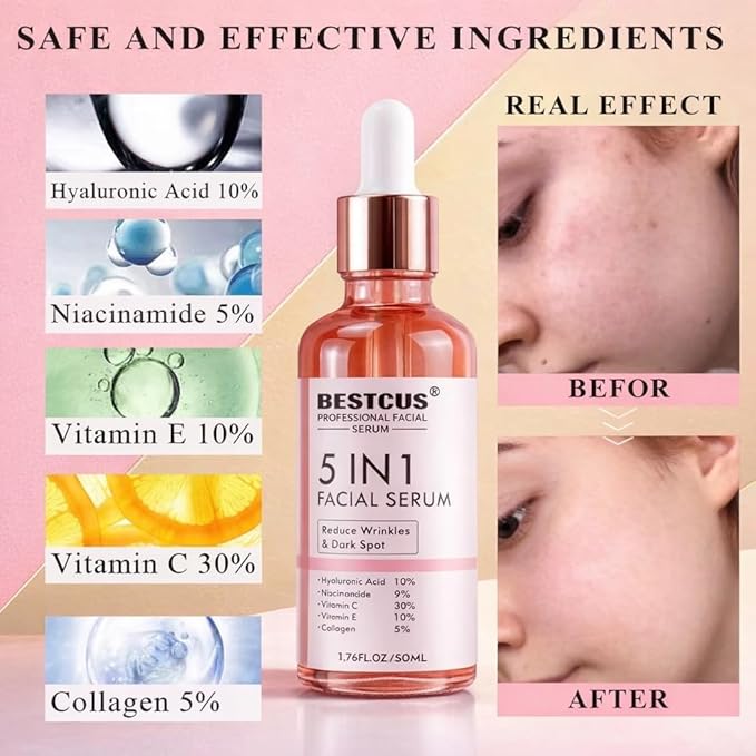 BESTCUS Professional 5-in-1 Facial Serum with Hyaluronic Acid, Vitamin C 30%, Niacinamide, Collagen, Anti-Wrinkle Dark Spot Treatment, 1.76 Fl Oz
