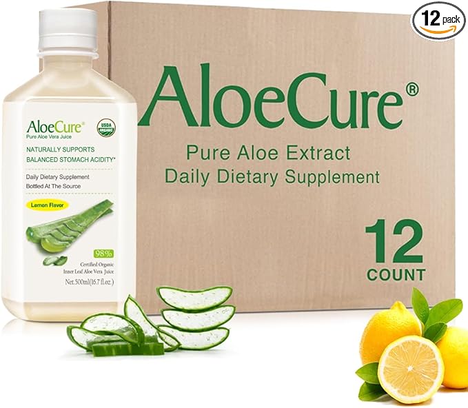 AloeCure USDA Organic Aloe Vera Juice Lemon Flavor - Made Within 12 Hours of Harvest - Natural Digestive Supplement for Balanced Stomach Acidity - Support Digestive and Immune Health, 12 Btls x 16.7oz