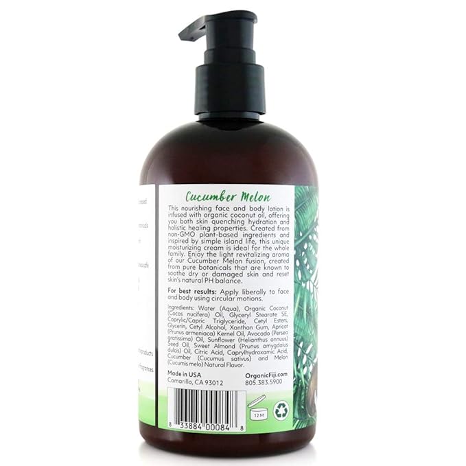 Coco Fiji Face & Body Lotion Infused With Coconut Oil | Lotion for Dry Skin | Moisturizer Face Cream & Massage Lotion for Women & Men | Cucumber Melon 12 oz, Pack of 3