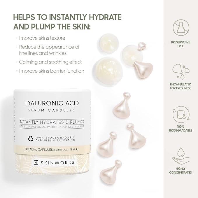 SKINWORKS Hyaluronic Acid Serum for Face, Anti Aging Serum for Fine Lines & Wrinkles, Hydrating Glow, Face Moisturizer Plump & Repair Dry Skin, Unscented, 30 Capsules