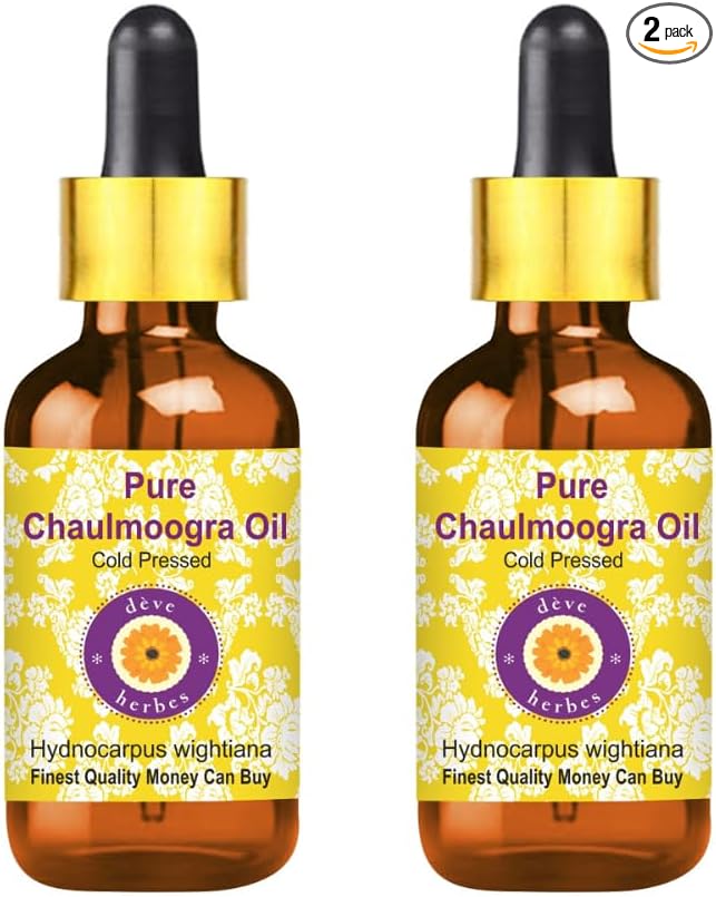 Deve Herbes Chaulmoogra Oil (Hydnocarpus wightiana) with Glass Dropper | Cold Pressed | Pure | for Diluting Essential Oils | Skin & Massage | Non-Sticky | Lightweight | Unisex | 30ml X 2 (2 oz)