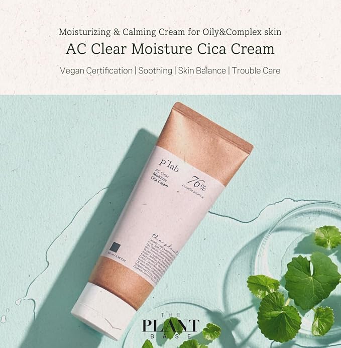 THE PLANT BASE AC Clear Moisture Cica Cream - 73% Centella Asiatica Leaf Water, Soothing Face Moisturizer for Sensitive Skin, Non-Greasy & Fast Absorbing (2.02 fl.oz)