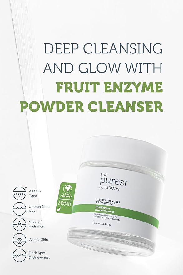 The Purest Solutions Fruit Enzyme Powder Cleanser (0.2% Azelaic Acid & 0.2% Malic Acid) - Pore Cleaning & Skin Regeneration - All Skin Types - Vegan | Cruelty Free | Eco Friendly (1.94 oz)