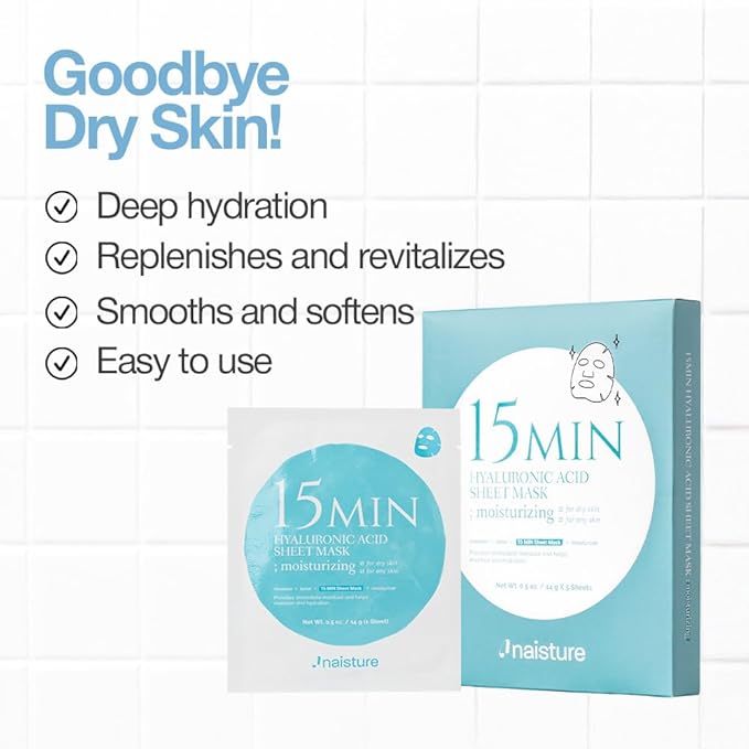 Naisture Hyaluronic Acid Face Mask – 15 Minute Hydrating & Plumping Sheet Mask with Aloe, Collagen & Niacinamide for All Skin Types (5 ea)