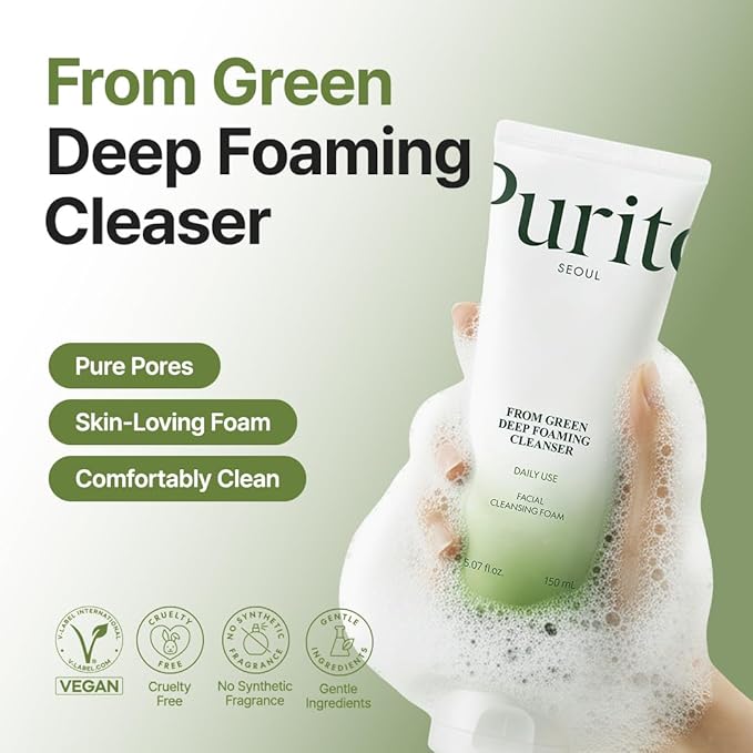 PURITO From Green Deep Foaming Cleanser 150ml / 5.07 fl.oz, pH 5.5, plant-based, natural ingredients, cruelty-free, Vegan