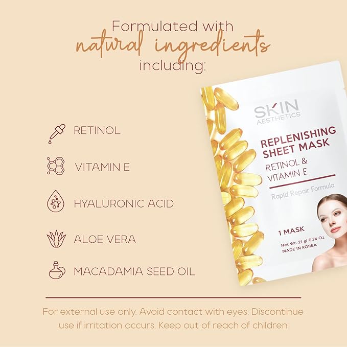 Skin Aesthetics Retinol & Vitamin E Sheet Face Mask - Repairs Skin, Diminishes Fine Lines & Wrinkles, Anti-Aging - Dermatologist Tested Korean Skincare - Clean Beauty, Cruelty-Free - 5 Masks