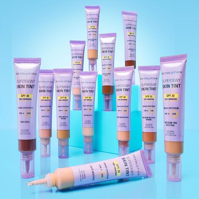 Revolution Superdewy SPF 30 Skin Tint, Tinted Mineral Face Foundation, Buildable Coverage for Facial Glow, 12% Zinc Oxide, Vegan & Cruelty-Free, Medium Tan Neutral