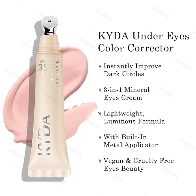 KYDA Pink Mineral Under Eye Concealer Color Corrector for Dark Circles and Fine Lines, Lightweight Blendable Formula with Metal Applicator, SPF 35, Moisturizing Liquid Concealer for Undereyes