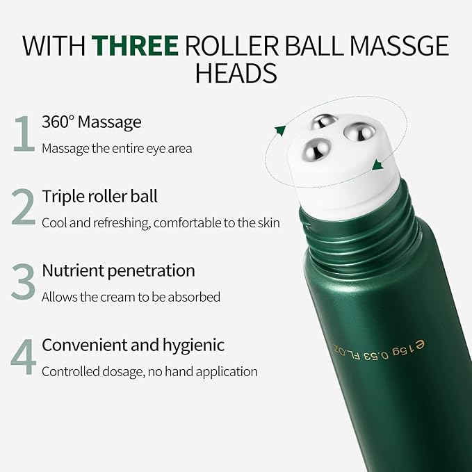 Caffeine Eye Cream with Nicimide Peptides for Dark Circles and Puffiness, Fine Lines, Wrinkles Eye Care Serum with 360° Massage Ball 15ML