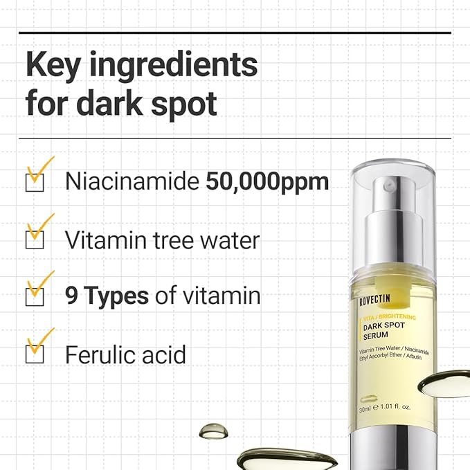 ROVECTIN Vita Dark Spot Correcting Serum – Brightening Vitamin C & Niacinamide Serum for Glowing, Even Skin Tone | Vegan & Gentle Formula for Sensitive Skin | 1.01 Fl Oz (30 ml)