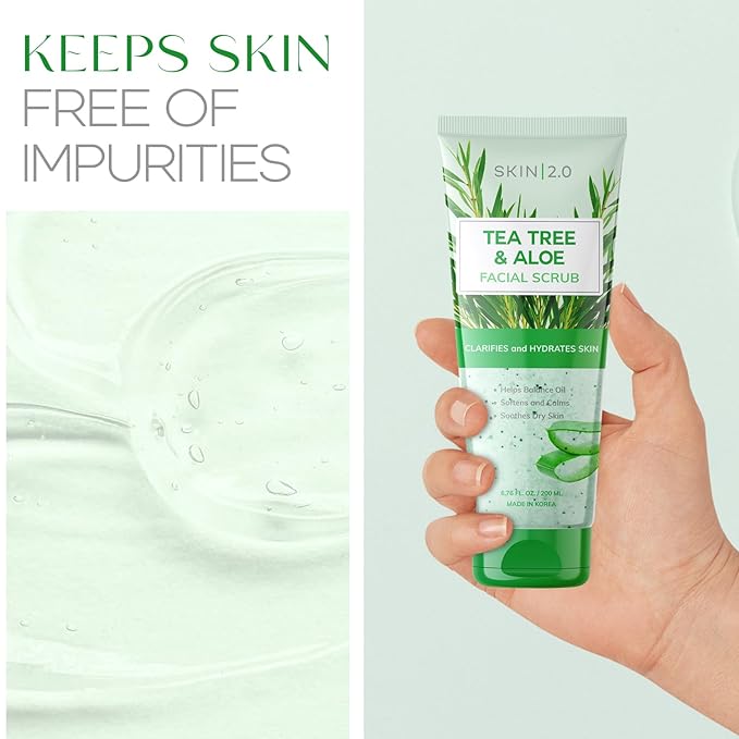 Skin 2.0 Tea Tree & Aloe Exfoliating Scrub - Dermatologist Tested, Multi-Tasking Cleanser, Clears Skin - Anti-Aging, Clean Beauty, Cruelty-Free Korean Skincare for All Skin Types - 6.76 Fl Oz / 200ML