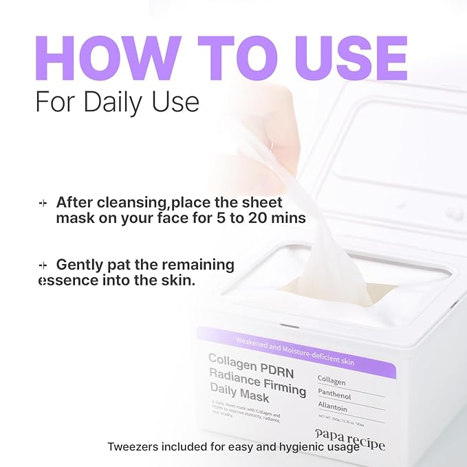 Papa Recipe Collagen PDRN Radiance Firming Daily Mask (30 Sheets) - Korean Skin Revitalizing Facial Masks, Anti-aging - Soothing, Calming & Hydrating Face Skin, Sensitive Skin-friendly