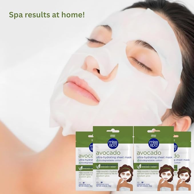 MISS SPA Avocado Ultra-Hydrating Sheet Mask Nourishing Face Mask with Avocado & Honey Deep Moisture Radiant Glow Biodegradable Cotton Dermatologist Tested Clean, 4 pack