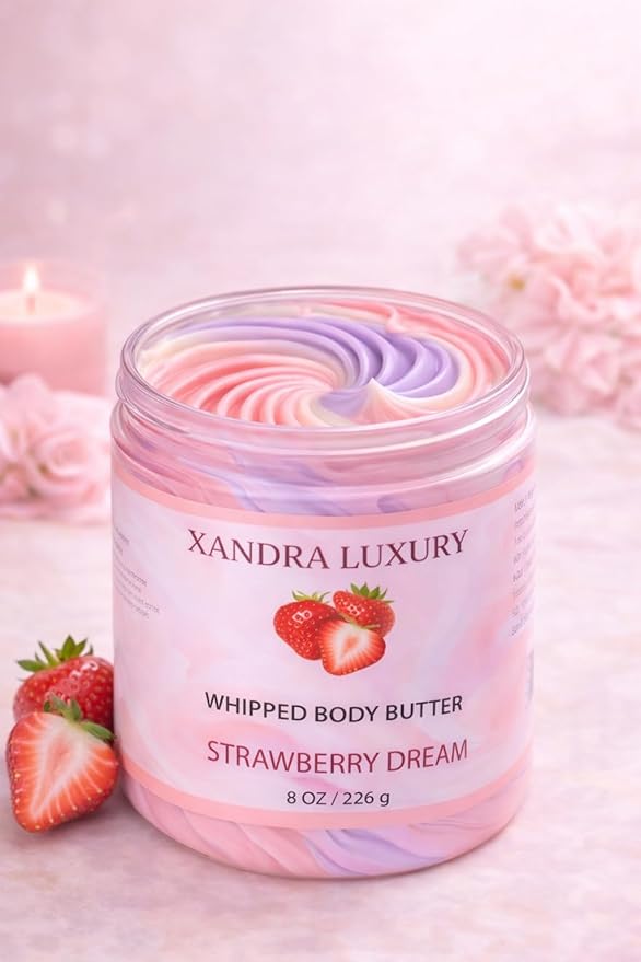 Strawberry Dream Whipped Body Butter Ultra Moisturizing Body Cream with Shea Butter, Mango Butter, Jojoba Oil & Vitamin E – Handmade Skin Care
