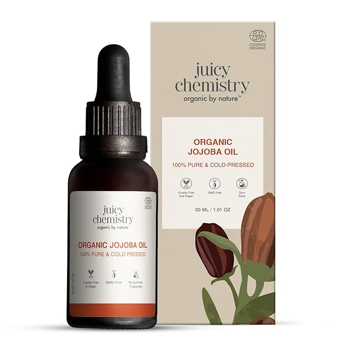 Juicy Chemistry Pure, Cold-Pressed & Organic Carrier Jojoba Oil For Skin, Hair & Nails | Ecocert Organic, Hexane And Gmo Free Carrier Oil For Men & Women | Cruelty-Free & Vegan 30 ml (Pack Of 1)