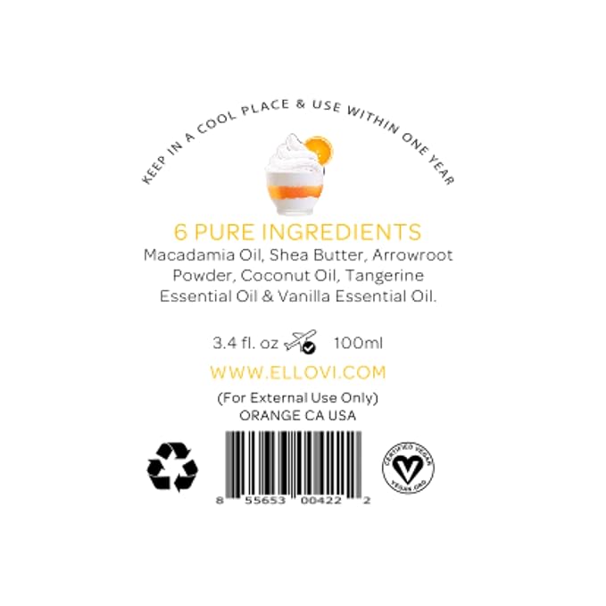 Ellovi All-Natural Body Butter - Creamsicle - Pure Enough to Eat - Made With Just 6 Vegan Ingredients - Ultra-Rich 100% Plant-Based Hydrating Moisturizer For Naturally Healthy Skin (3.4 fl. oz/100ml)