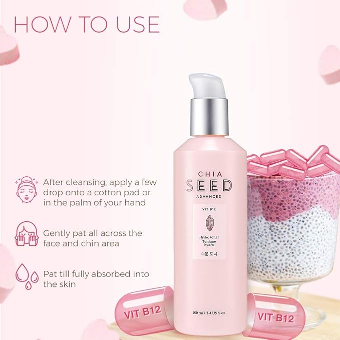 The Face Shop Chia Seed Hydro toner | Soft Hydrating Lotion for Dry Skin Moisture & Comfort | Formulated with Chia Seed & Vitamin B12 for Intense, Upgraded & Hydrating Care, 5.4 Fl Oz