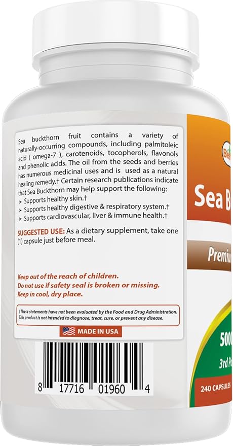 Best Naturals Sea Buckthorn Oil Powder Extract 10:1 500 mg 240 Capsules - Non-GMO, Gluten Free - Contains Naturally Occuring Omega-7 Palmetoleic Acid