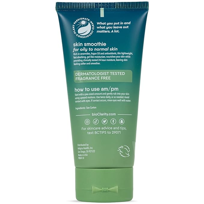 BioClarity Skin Smoothie Gel Moisturizer for Normal & Oily Skin Types, 24-Hour Hydration, Vegan Formula with Clean Ingredients, Olive, Argan, Ceramide, 2 Fl Oz