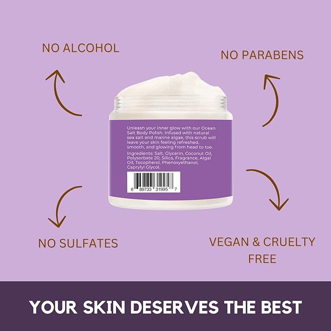 Sea Salt Body Scrub by Florida Suncare - Ocean Salt Body Polish Infused with Marine Algae - Exfoliating Face and Body Scrub -Facial Scrub Exfoliator to Tackle Acne, Scars (Plum & Vanilla Woods, 3.3oz)