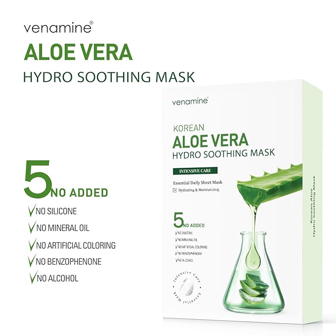 VENAMINE Korean Aloe Vera Hydro Soothing Face Masks, Moisturizing Sheet Mask for Sensitive Skin, 0.81 fl. oz (10 sheet)