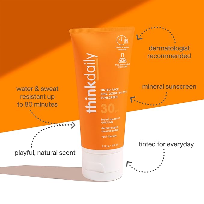 Thinkdaily SPF 30 Tinted Sunscreen for Face with Zinc Oxide, 2 Oz – Safe, Natural, Water Resistant Reef Safe Sunscreen, All Skin Tones, Broad Spectrum UVA/UVB Sun Screen for Sun Protection