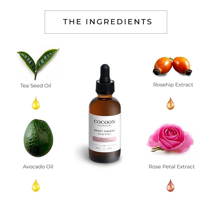 Cocoon Apothecary 2 fl oz Rosey Cheeks Facial Oil Serum | Ecocert Cosmos Natural | Facial Serum For Women, Dry Skin, Natural Ingredients Avocado Oil, Camellia Seed Oil, Rosehip CO2, Rose Absolute