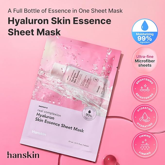 Hanskin Hyaluron Glow Sheet Mask – Korean Hydrating Face Mask with Hyaluronic Acid, Rosehip Extract & Madecassoside for Plump, Calm & Dewy Skin | Moisturizing Glass Skin Serum Mask | 10EA