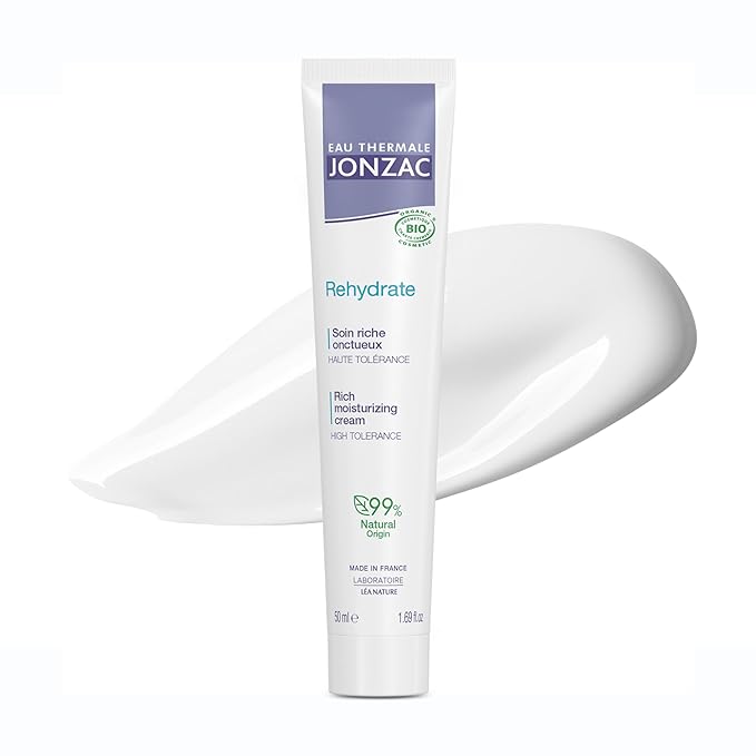 JONZAC Eau Thermale Rehydrate Organic Rich Sensitive Moisturizing Facial Cream - Intense 24hr Hydration, Shea Butter & Natural Hyaluronic Acid - Clinically Proven Skincare, All Skin Types, 1.69 Fl Oz