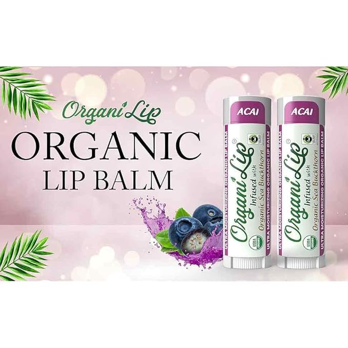OrganiLip Organic Lip Balm, Acai Flavor, Ultra Hydrating Lip Moisturizer for Cracked or Dry Lips, Infused With Sea Buckthorn, Oval Shaped Tube, USDA Certified Organic, 1 Pack