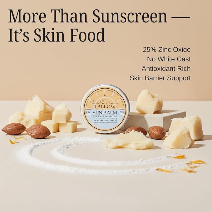Tallow Sun Balm- with grassfed beef tallow, castor oil, zinc oxide | Mineral Sunscreen | Natural, Organic | Reef Safe, Ocean Friendly | Spf 30 - suitable for sensitive skin (2 oz) (Medium)