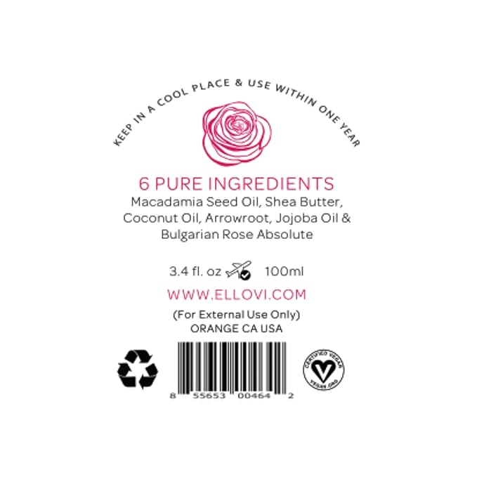 Ellovi All-Natural Body Butter - Rose - Pure Enough to Eat - Made With Just 6 Vegan Ingredients - Ultra-Rich 100% Plant-Based Hydrating Moisturizer For Naturally Healthy Skin (3.4 fl. oz/100ml)
