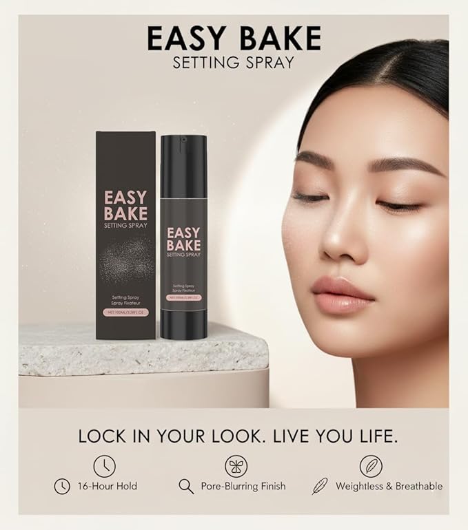Easy Bake Setting Spray, Waterproof & Oil-Control Pore Smoothing Vegan Skin Care, 16H Long-Lasting, Sweatproof Formula for Matte Finish Makeup Sealant, 100ml