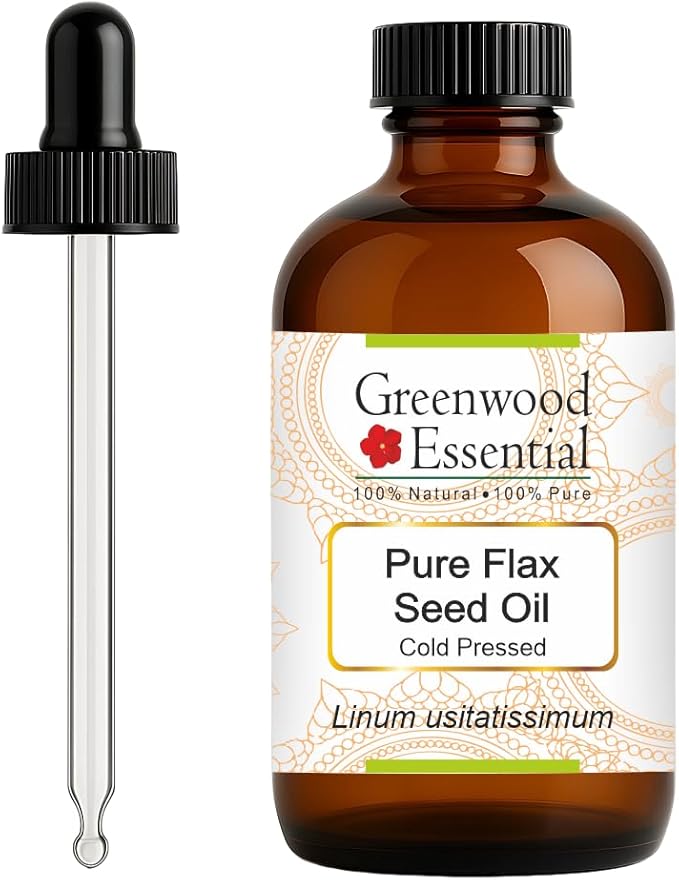Greenwood Essential Pure Flax Seed Oil (Linum usitatissimum) with Glass Dropper Cold Pressed 120ml (4 oz)