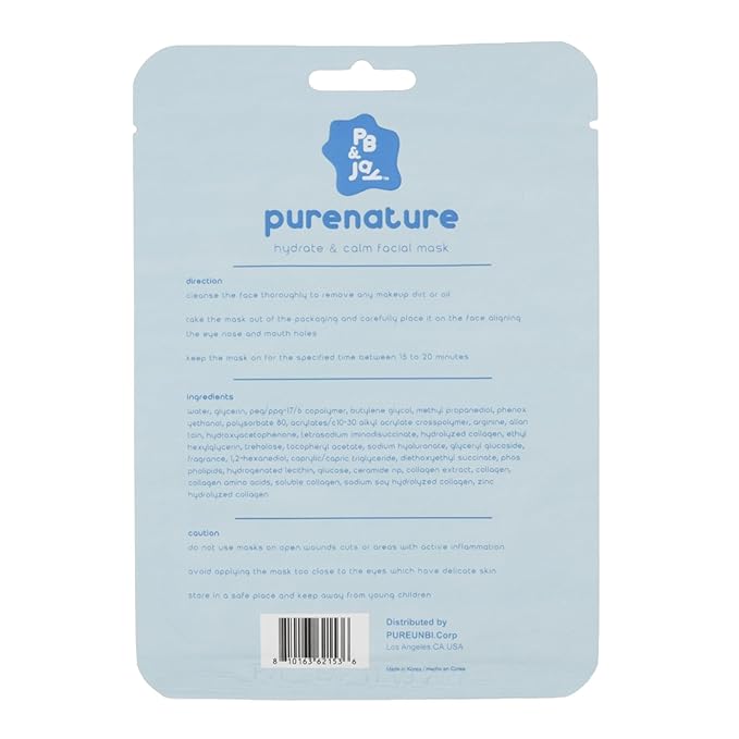 PB & JAY Purenature Facial Mask – Premium Quality Korean Sheet Mask for Firm, Supple Skin – Korean Collagen Essence Hydrating Facemask Sheet (Collagen)