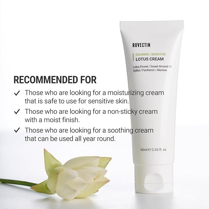 ROVECTIN Calming Lotus Water Cream - Lightweight Face Moisturizer for Oily, Combination Skin | 75% Lotus Water Extract For Skin Purifying, Anti-Aging | Vegan Korean Skincare (2.03 fl.oz) [2 Pack]