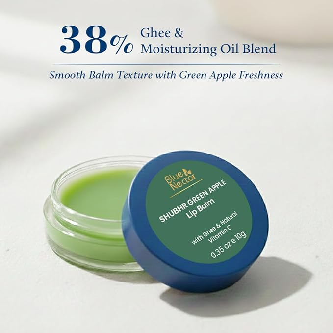 Blue Nectar Herbal Ayurvedic Lip Balm with Green Apple Vitamin C & Organic Ghee for Dry Lips | Hydrating Lip Gloss with Clean Ingredients (0.35 oz, 10 herbs)