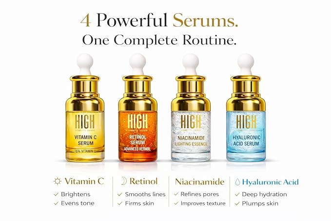 HIGH – Elixir Quartet Face Serum Set – Vitamin C, Retinol, Hyaluronic Acid & Niacinamide – Complete Daily Skincare Routine
