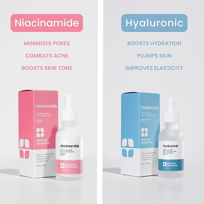 Natural Outcome Hydrating Hyaluronic Acid Serum and 10% Niacinamide Face Serum - Lightweight Anti Aging Facial Serum Set 1 oz Each, Vegan, Cruelty Free & Fragrance Free