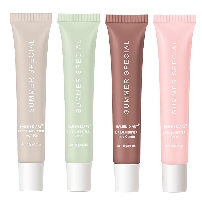 BAISEN DIARY 4 PCS Summer Special Lip Butter Balm - Ultra-Hydrating, Nourishing Lip Care with Natural Ingredients, Shea Butter & Olive Oil, Soothes & Softens Dry Lips (4PCS, 0.5 Fl Oz (Pack of 4))