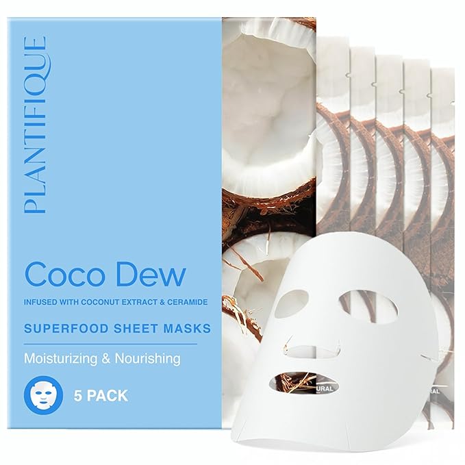 PLANTIFIQUE Facial Sheet Mask Coco Dew 5 Pack – Moisturizing Face Mask with Coconut and Korean Skincare Clay Mask – Hydrating Mud Mask with Avocado & Superfoods