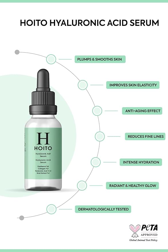 Hoito Hyaluronic Acid Serum 30ml, Snail Secretion, Collagen & 5% Panthenol, Deep Hydration & Plumping Facial Serum for Smooth, Radiant-Looking Skin