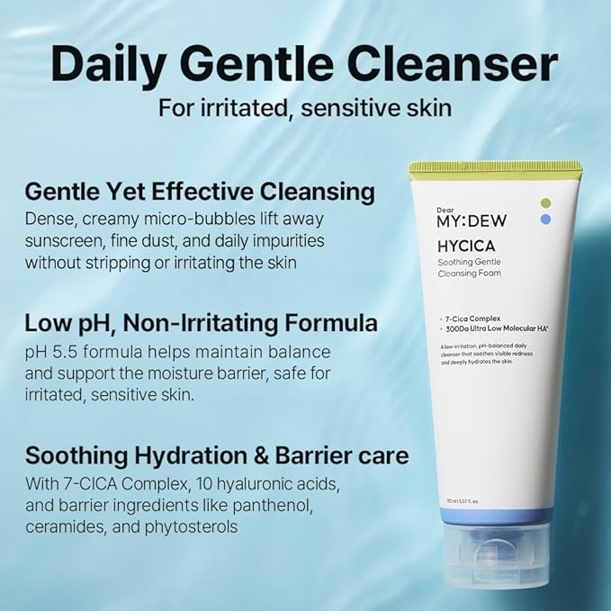 DearMYDEW HYCICA Soothing Gentle Cleansing Foam | Low pH 5.5 Cleanser for Sensitive Skin, Calming Hydrating Cica Face Wash & Barrier Care, Centella, Ultra-Low Molecular HA, Korean Skincare, 5.07 fl oz