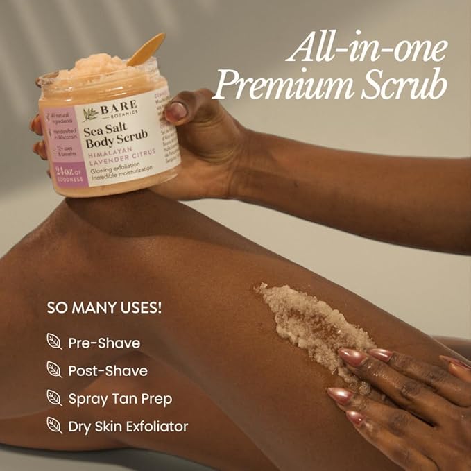 Bare Botanics Matcha Eucalyptus Body Scrub 24 oz - Naturally Scented Sea Salt Scrub Made in Madison, WI - Formulated w/Skin Loving Moisturizers - Vegan, Cruelty Free Exfoliator w/a Cute Wooden Spoon