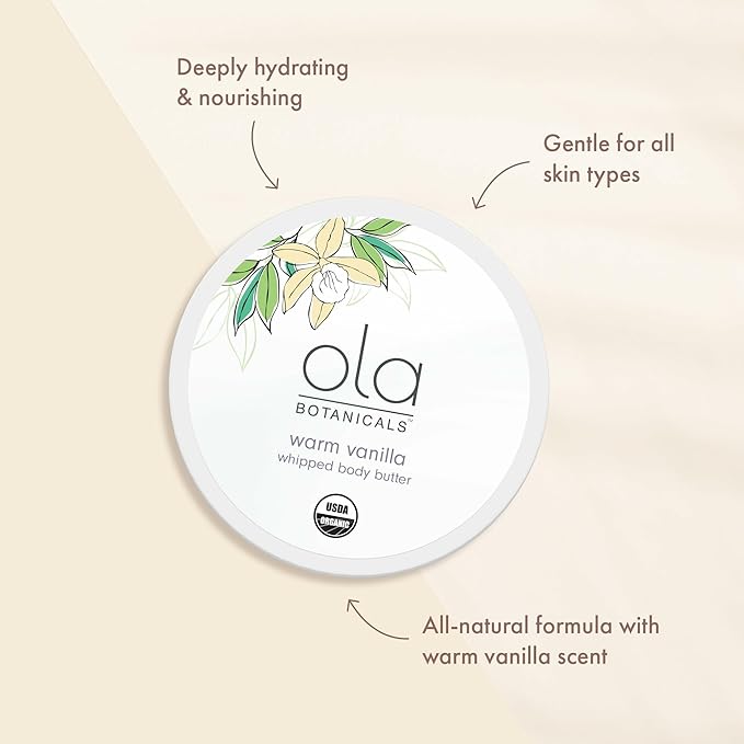 Dr. Mercola Ola Botanical Warm Vanilla Whipped Body Butter, 4 Oz. (113 g), Deeply Hydrate & Nourish, Organic Shea Butter, USDA Organic, Non-GMO